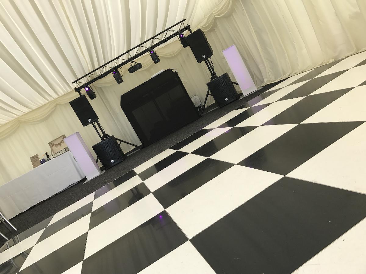 A dance floor and set up by SouthSound Disco Wedding Disco Hire in a venue in Kent.