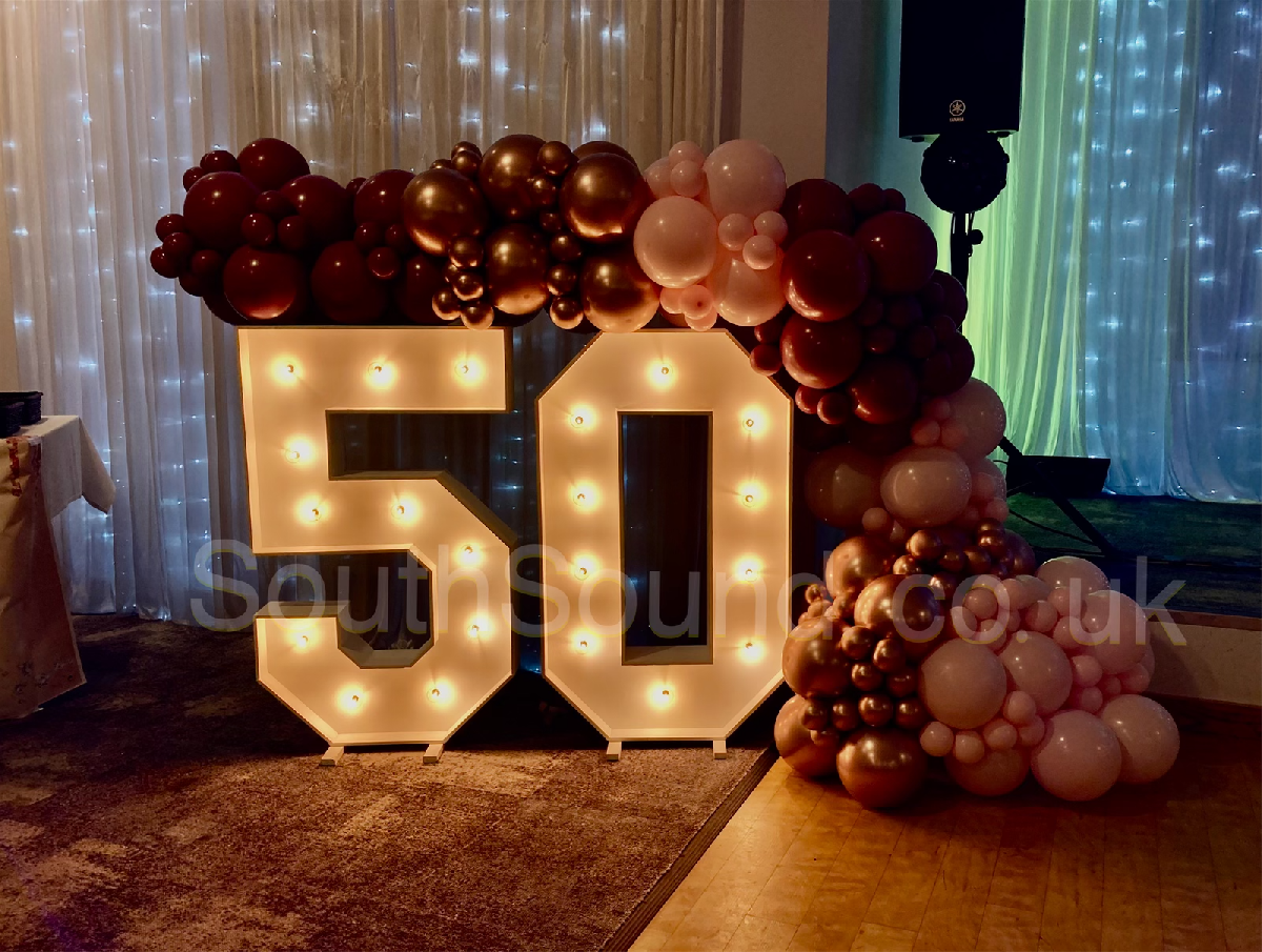 Large Marquee Birthday Number Hire with balloon arch
