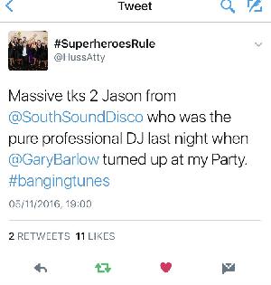 Feedback received on Twitter for a 40th Party on 04/11/2016 performed by Jason